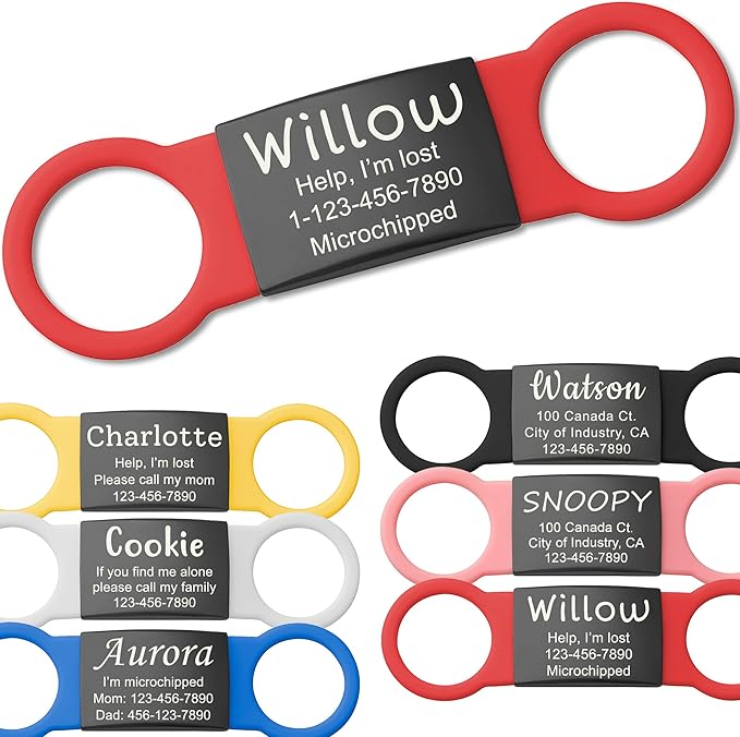 Anavia Slide On Silent Pet ID Tags, S/M/L/XL Personalized Black Stainless Steel Colored Silicone Cat Dog Name Tag, Customized Engraved Nameplate, Quiet Chew-Proof Pet Collar Tag (Red, Medium)