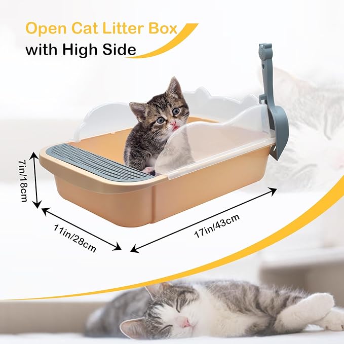 Open Cat Litter Box with High Side,Anti-Splashing Cats Litters Pan,Kitten Toilet with Litter Sifting Scoop,Semi-Enclosed Removable Kittens Litter for Boxes Easy to Clean No Odork(Khaki)