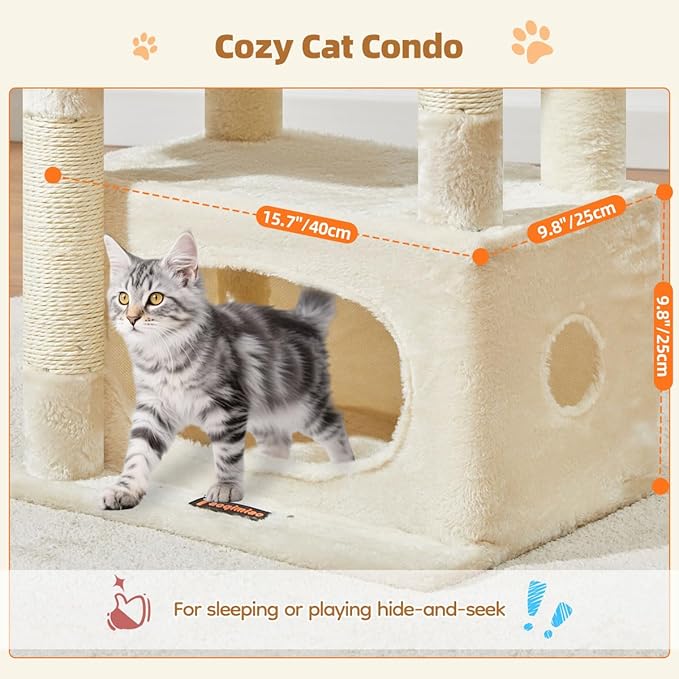 Taoqimiao Cat Tree,38.5-Inch Cat Tower for Indoor Cats,Suitable for Kittens with Luxurious cat condo with Adjustable Baskets and Luxurious Perch Beige MS029SM