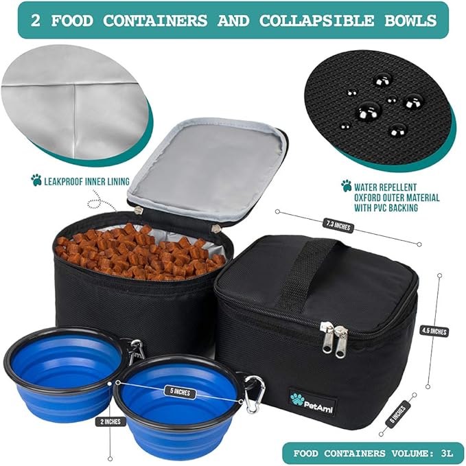 PetAmi Travel Bag Organizer - Dog & Cat Diaper Bag with Food Container, Bowls & Accessories for Weekend Camping
