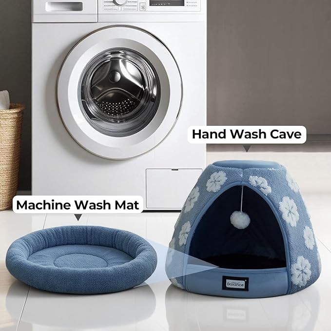 BALANCE Cat Beds for Indoor Cats, 2-in-1 Cat Bed Cave with Anti-Slip Bottom and Ultra-Soft Plush, Cozy Cats House Tent for Kittens and Small Dogs, 21 Inches, Blue