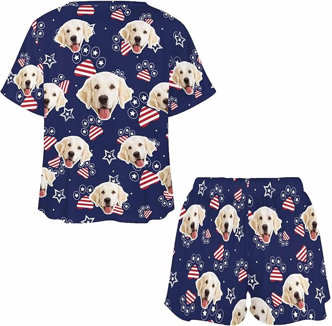 D-Story Custom Short Pajama Set with Pet Face Personalized Photo Sleepwear 2 Pieces Pjs Nightwear Xmas Gift for Women
