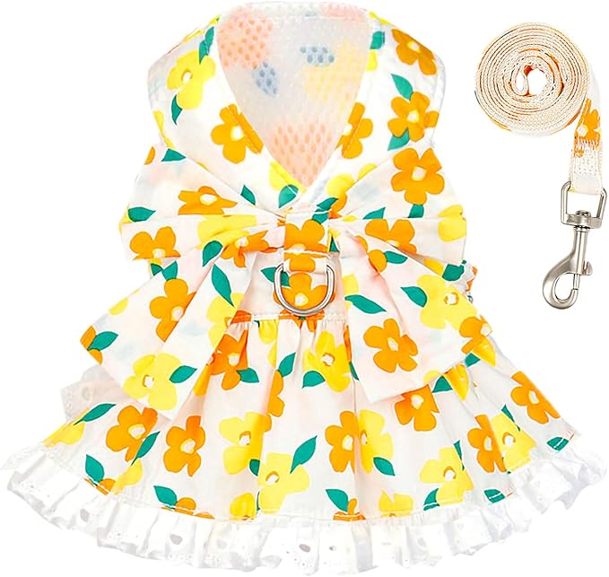 Dog Harness Dress Leash Set for Small Dog Summer Clothes Girl Female Puppy Cats Outfits Cute Floral Bowknot Princess Birthday Dress for Extra Small Pet Doggie Kitten Outfits Apparel(Yellow,XS)