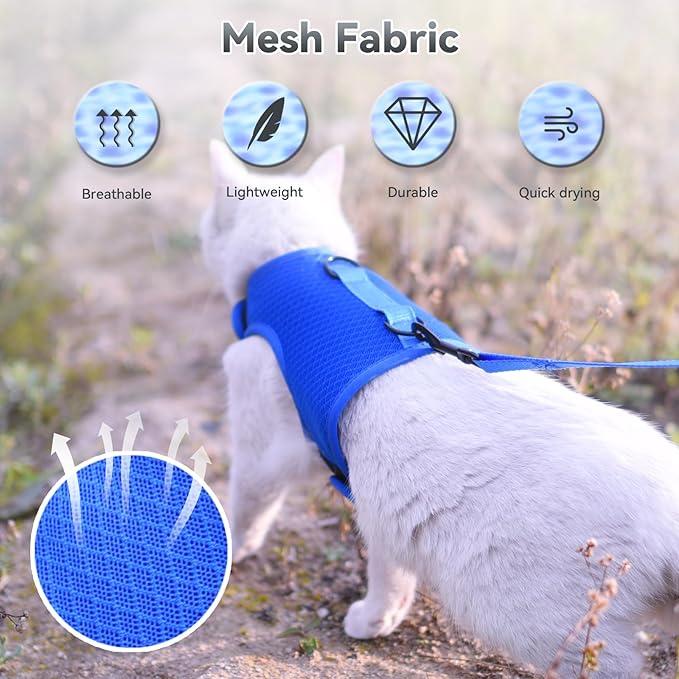 Kitty Harness and Leash for Walking Escape Proof Breathable Mesh Fabric, Solid Blue, X-Small, Adjustable Cat Walking Jackets, Padded Stylish Cat Vest