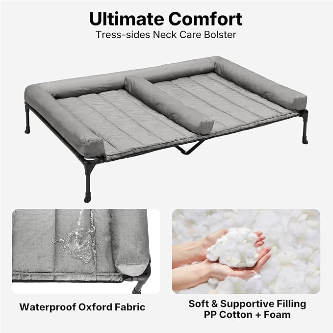 Veehoo Cooling Raised Dog Beds + Waterproof Double Dog Bed Cushion for Two Medium Dogs, Elevated Pet Cot with Removable Bolster Mat, Breathable Mesh, No-Slip Feet, Pets Couch Bed, 53x37.5inches, Grey