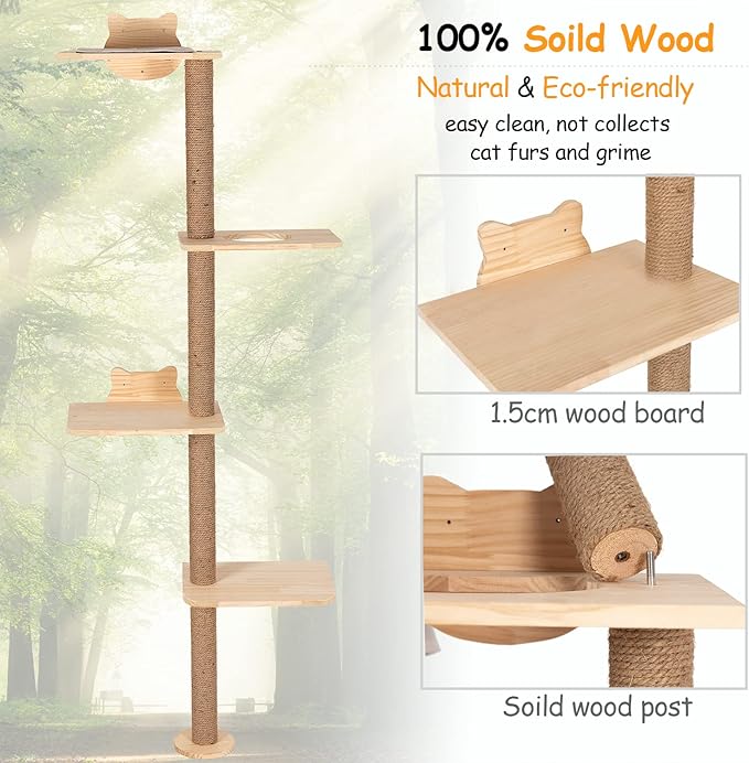Cat Tree Wall Mounted Tall Scratching Post for Indoor Cats Climbing Tower Activity Wood Cat Wall Furniture 73 inch