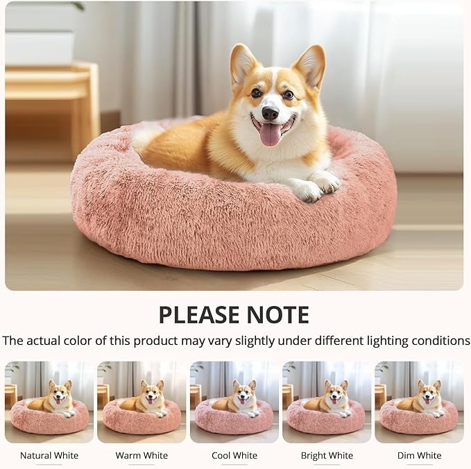 JOLLYVOGUE Calming Dog Bed Medium Size Dog, Anti-Anxiety Donut Medium Pet Bed, 27 inches Fluffy Faux Fur Round Cat Bed (Peach Pink)