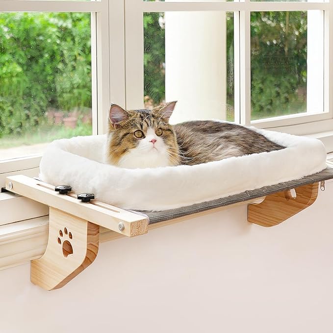 AMOSIJOY Cat Sill Window Perch Sturdy Hammock Window Seat with Cushion Bed Cover, Wood & Metal Frame for Large Cats, Easy to Adjust Cat Bed for Windowsill, Bedside, Drawer and Cabinet (M)