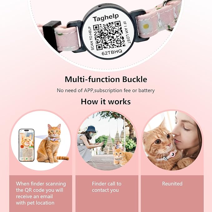 QR Code + Airtag Cat Collar, 2-in-1 Breakaway Safety Collar with Online ID & Apple AirTag Holder, Lightweight with Bell & Flower Charm for Cats, 8-13in (Pink)