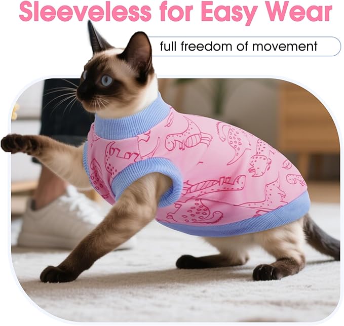 DENTRUN Sleeveless Cat Vest with Dinosaur Print, Breathable Ultra-Soft Dralon Fleece Cat Sweater, All-Season Pet Costume Apparel for Cats, Kitten Clothing for Indoor/Outdoor, Pink, XS