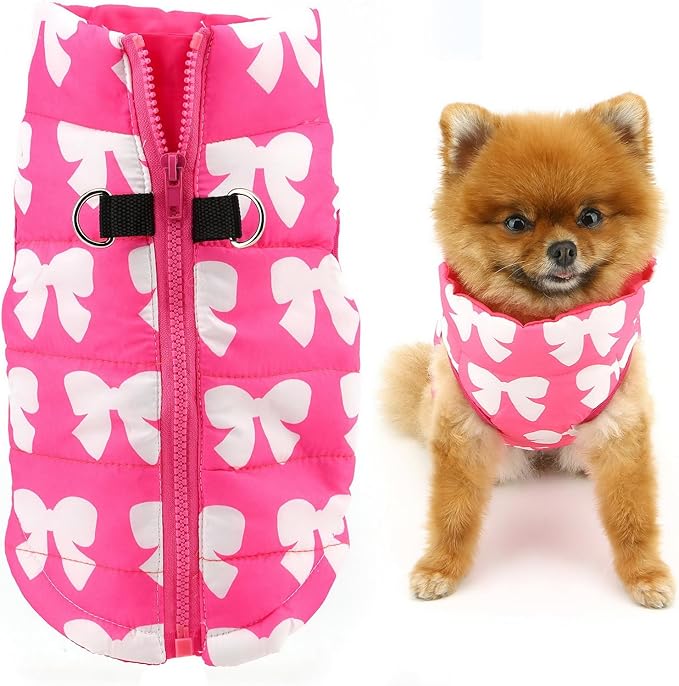 SMALLLEE_LUCKY_STORE Pet Water Resistant Winter Jacket Vest with D-Ring for Small Dog Cat Zip-up Padded Puppy Coat Chihuahua Yorkie Kitten Warm Clothes, Hot-Pink, S