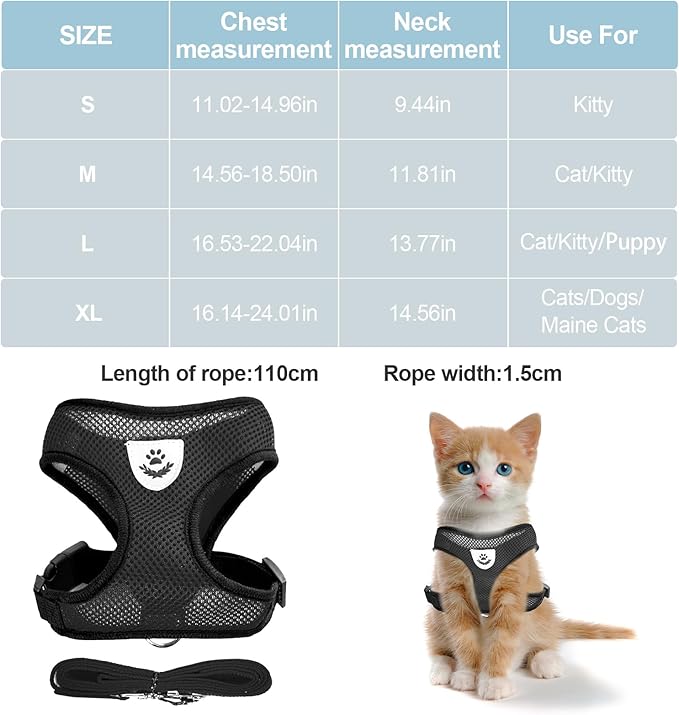 shudyear Summer cat Chest Harness and Leash, Anti-Escape Adjustable Soft mesh cat Leash and Chest Harness Set for All Types of Cats cat Vests (Size M,Black)