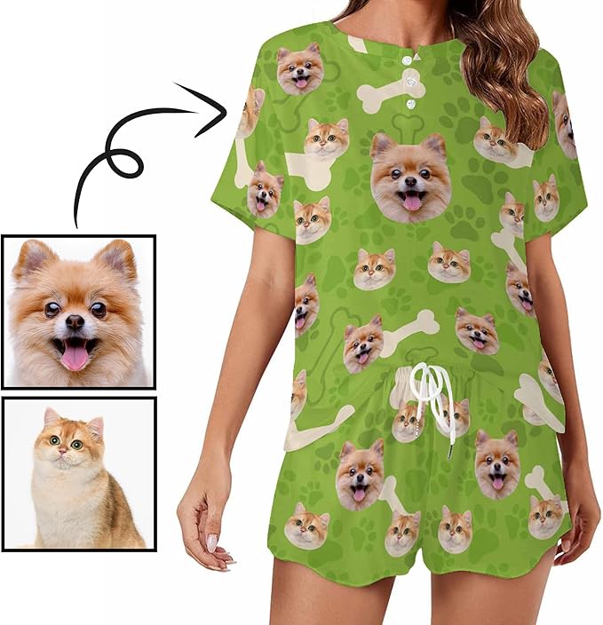 Custom Short Pajamas Set with Face Photo Women‘s Sleepwear Tee Personalized PJ Short Loungewear Set fot Her