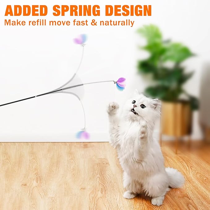 JXFUKAL 2025 Latest Cat Toys, 2 in 1 Spring Cat Wand Toy with 2PCS Ultra-Long Cat Teaser, 4PCS Spring Steel Wire & 5PCS Feather Refills for Kitty Kitten Indoor Cats Accessories