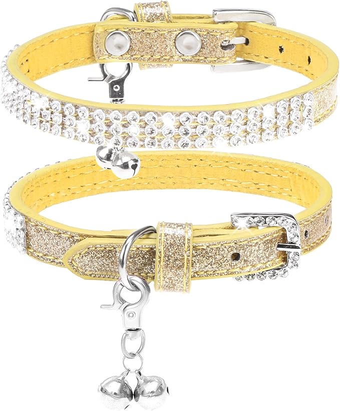 PUPTECK Basic Adjustable Cat Collar with Bling Diamond and Double Bells, for Kitten and Small Puppy, Fashion and Shining Dog Rhinestone Collars, 6-8 in, Gold