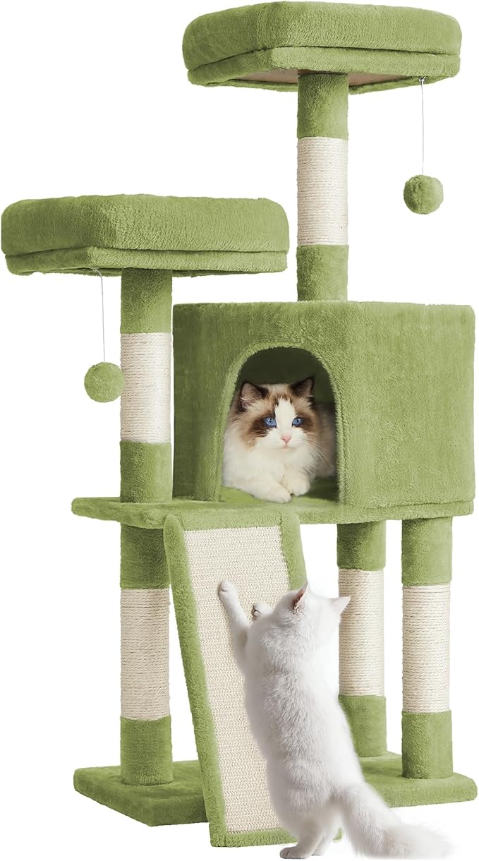 Feandrea Cat Tree, 45.3-Inch Cat Tower, Plush Condo with Scratching Post, Ramp, Perch, Spacious Cave, for Small Space, Grass Green UPCT141C01