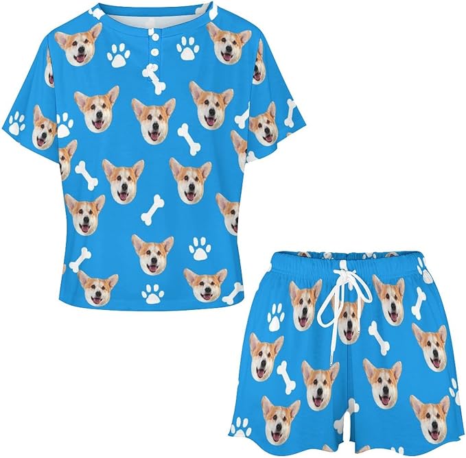 D-Story Custom Short Pajama Set with Pet Face Personalized Photo Sleepwear 2 Pieces Pjs Nightwear Xmas Gift for Women
