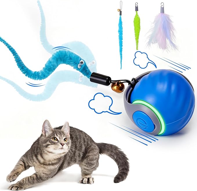BABORUI Interactive Cat Toy Ball - Automatic Interactive Cat Toys for Indoor Cats with 3 Tails, 2 Speeds Rechargeable Cat Enrichment Toys for Small/Medium/Large Cats to Keep Them Busy(Blue)