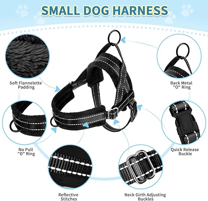 SlowTon No Pull Small Dog Harness and Leash Set, Puppy Soft Vest Harness Neck & Chest Adjustable, Reflective Lightweight Harness & Anti-Twist Pet Lead Combo for Small Medium Dogs (Black, XS)
