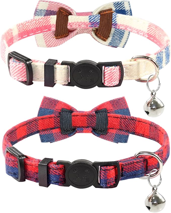 Joytale Upgraded Cat Collar with Bells, Breakaway Cat Collars with Bow Tie, 2 Pack Girl Boy Safety Plaid Kitten Collars, Pink+Red