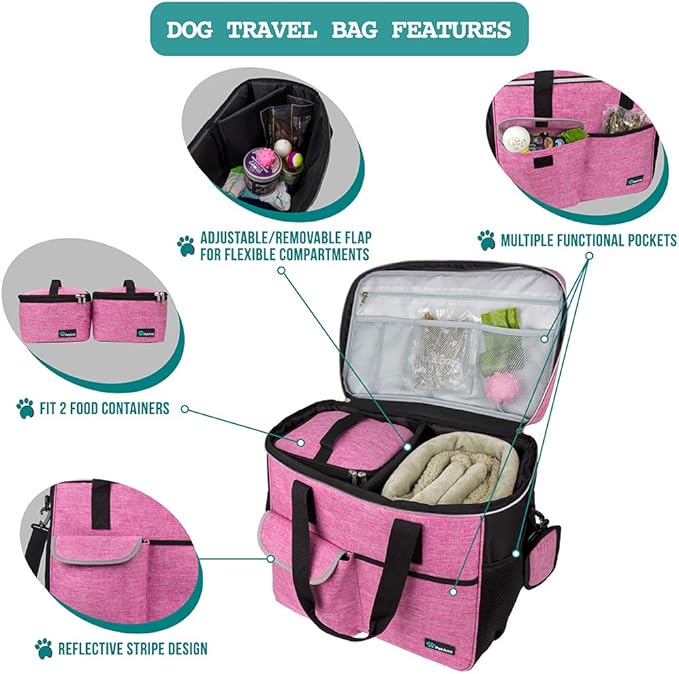 PetAmi Dog Travel Bag - Travel Pet Organizer with Food Container and Bowls, Perfect for Weekend Camping, Cat Diaper Bag (Pink, Large)
