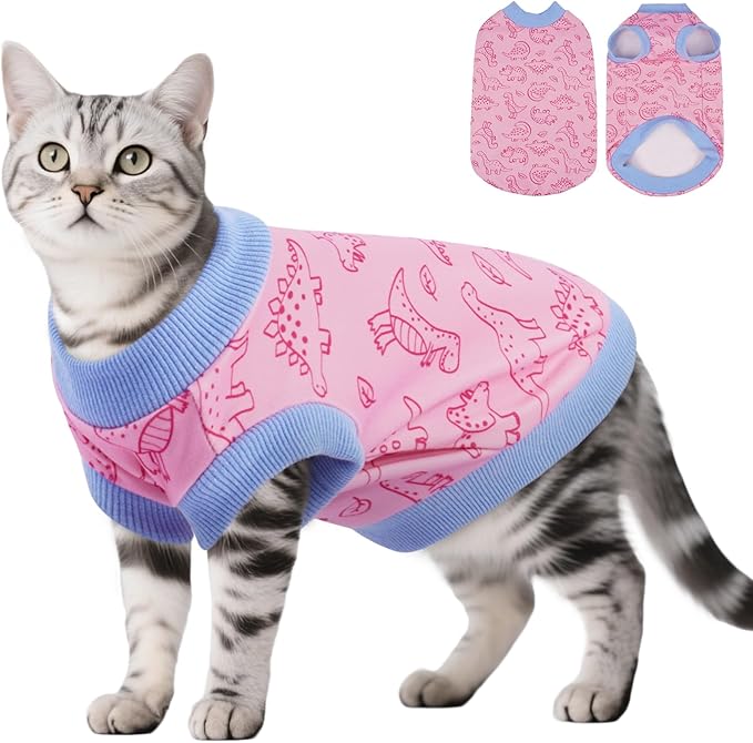 DENTRUN Sleeveless Cat Vest with Dinosaur Print, Breathable Ultra-Soft Dralon Fleece Cat Sweater, All-Season Pet Costume Apparel for Cats, Kitten Clothing for Indoor/Outdoor, Pink, L