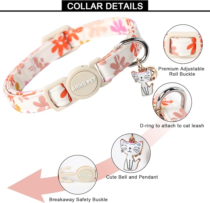 ARING PET 2 Pack Cat Collars-Cute Breakaway Cat Collar with Bell & Pendant, Adjustable Floral Pattern Female Kitten Collars with Safety Buckle for Girl and Boy Cats