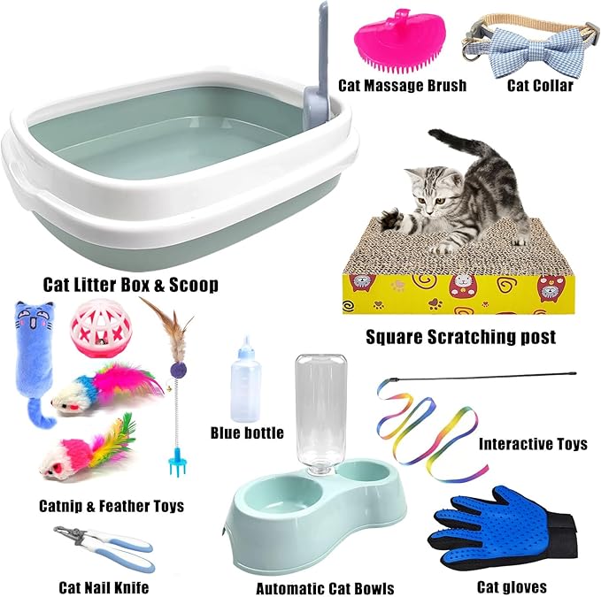 Kitten Starter Kit - 15 Piece Cat Essentials Set Includes Litter Box, Toys, Collars, Scratch Pad, Nail File, Automatic Feed Bowls, Grooming Gloves
