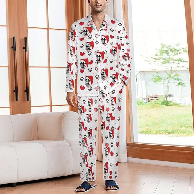 Custom Face Pajamas for Women Men,Personalized Dog Cat Pet Pajamas Set,Christmas Long Sleeve Sleepwear Pjs