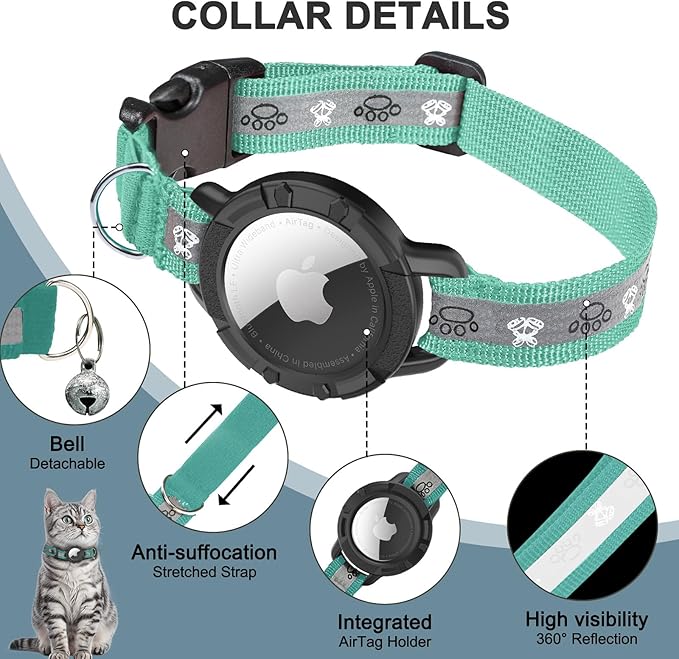 Reflective AirTag Cat Collar, Integrated Cat Tracker Collar with Air Tag Holder and Bell, Safety Elastic Band Cat GPS Collars for Girl Boy Cats, Kittens and Puppies (Green,S)