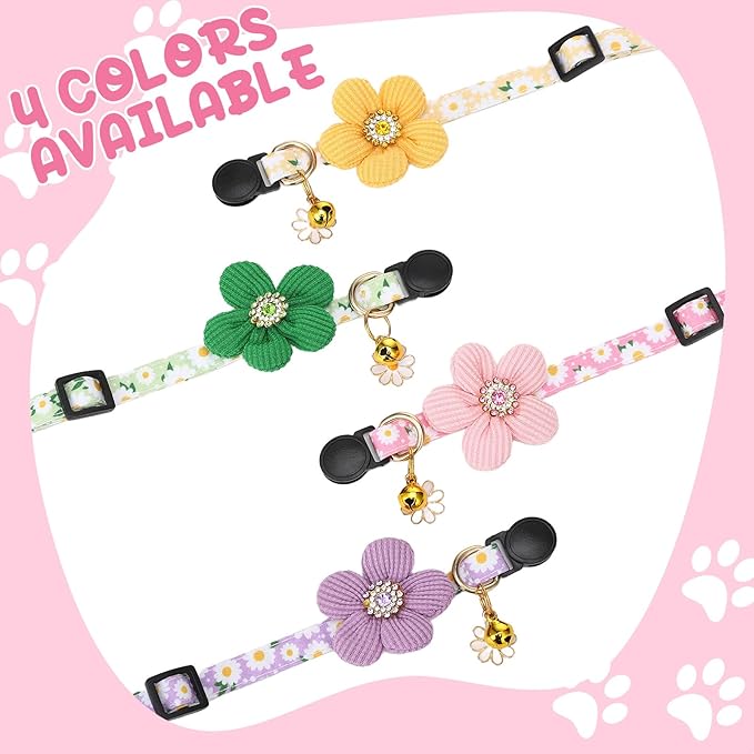 4 Pack Breakaway Cat Collars with Bells Flower Pendants Adjustable Floral Cat Collars with Bowtie Safety Kitten Collar for Girl Boy Cats