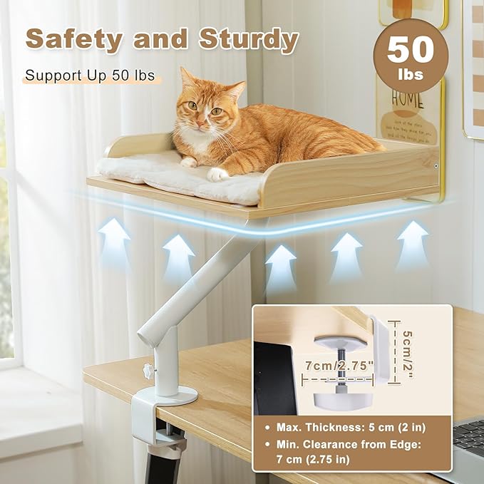 PAWZ Road Cat Desk Bed, Wooden Cat Bed for Desk Supports Up to 50 lbs, 360° Rotation & Adjustable, Nest Desktop Attachment Cats Hammock for Table, Beige