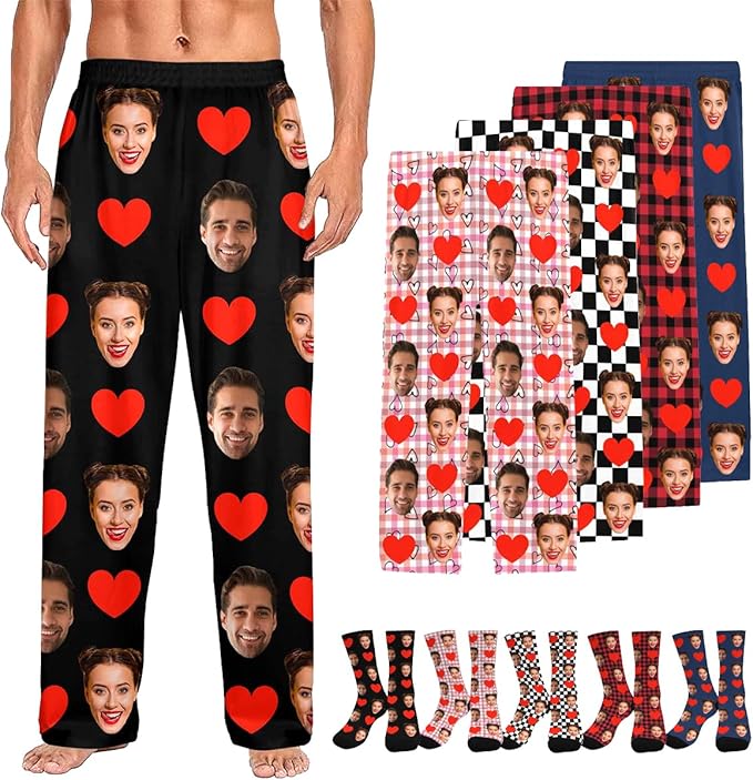 Custom Couple Pajama Pants Sock with Funny Face, Personalized PJ Anniversary Birthday Women Men Pants