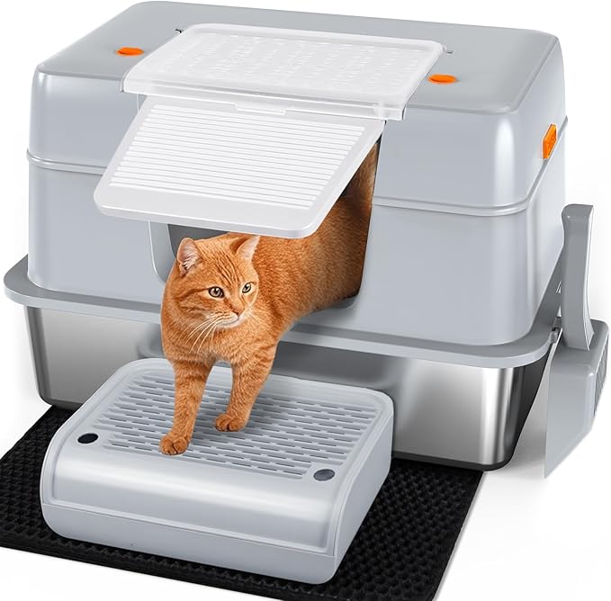 Vivifying Stainless Steel Litter Box with Lid, XL Side Entry Extra Large Litter Box for Big Cats & Kitty, Removable Enclosed Metal Cat Pan with High Sided Enclosure, Scoop, Mat, Footboard (Gray)