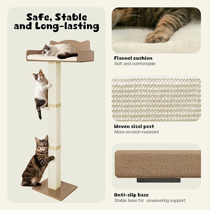 Cat Window Perch with Thick Sisal Scratching Post, Cats Hammock for Window with 3 Upgrade Suction Cups, 55" Adjustable Tall Cat Scratching Post with Large Perch, Cats Window Bed with Fluffy Cushion
