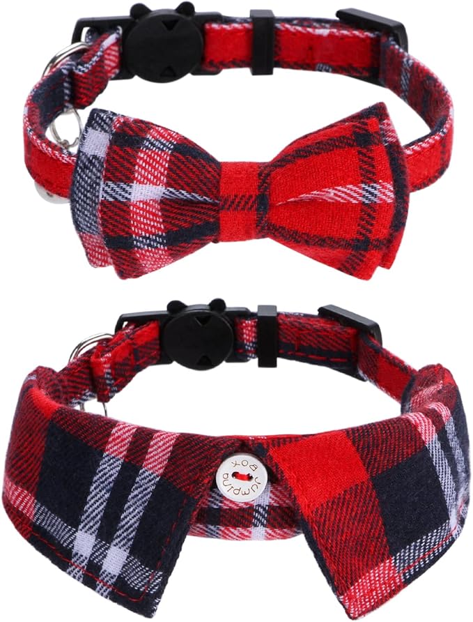 Faleela 2 Pack/Set Cat Collar with Cute Bow Tie and Bell,Breakaway Plaid Shirt Collar for Kitty Adjustable Safety