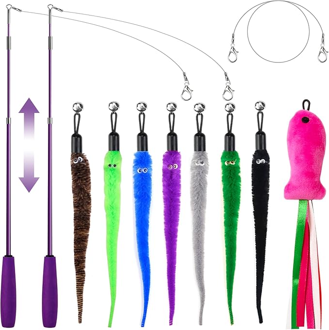 Cat Toys for Indoor Cats, 11PCS Interactive Cat Toy Wand Pack, 2 Retractable Cat Wand & 7PCS Worm Teaser Refills, Plush Fish Kitten Toys, Cat Feather Fishing Pole Toy for Play Chase Exercise