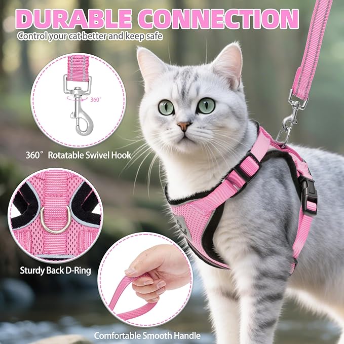 PUPTECK Cat Harness and Leash Set Escape Proof Reflective Cat Walking Harness Adjustable Soft Breathable Mesh Vest for Small Pets, Light Pink, XS