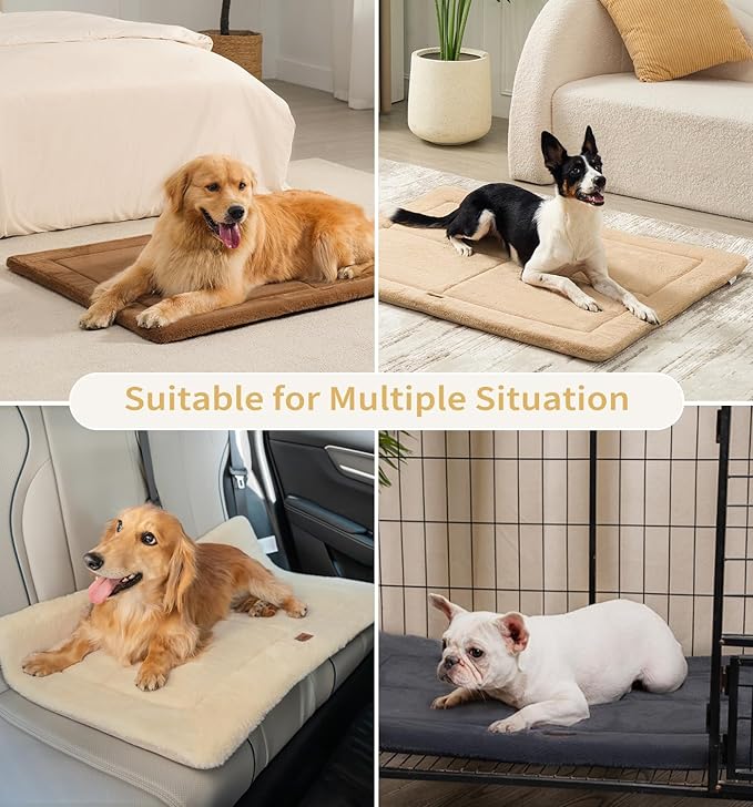 Made4Pets Dog Crate Pad Bed for Large Dogs, Washable & Reversible, Anti-Slip Kennel Mat for Cozy Sleeping, Soft Fluffy Dog Bed for Indoor & Outdoor Use, 36"x27", Beige