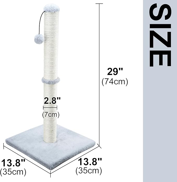 Dimaka 29" Height Tall Cat Scratching Post, Claw Scratcher with Sisal Rope and Covered with Soft Smooth Plush, Vertical Scratch [Full Strectch] for Standard Size Cats(Grey, 29 inches for All Cats)