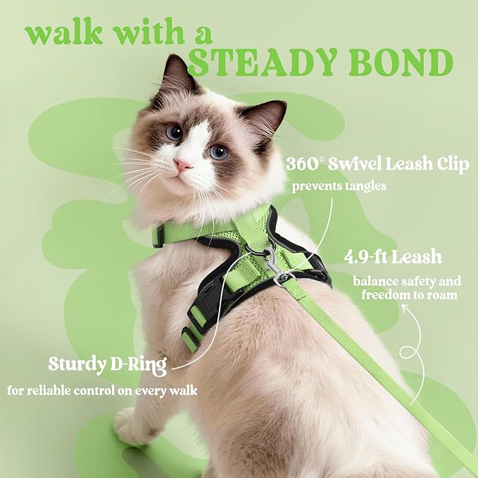 rabbitgoo Cat Harness and Leash for Walking, Escape Proof Soft Adjustable Vest Harnesses for Cats, Easy Control Breathable Reflective Strips Jacket, Light Green, M