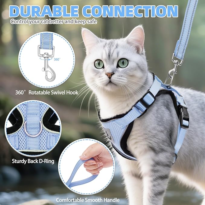 PUPTECK Cat Harness and Leash Set Escape Proof Reflective Cat Walking Harness Adjustable Soft Breathable Mesh Vest for Small Pets, Sky Blue, M