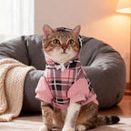 EXPAWLORER Plaid Cat Hoodie - British Style Warm Cat Sweater Shirt with Leash Hole,Pet Clothes Outfits,Winter Coat Apparel for Puppy Cats Girl Boy-Kitten Apparel,Pink S