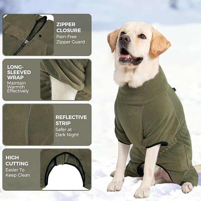 Mihachi Dog Snow Jacket Dog Coat Soft Fleece Pullover Pajamas, Pet Windproof Warm Cold Weather Jacket with Zipper, Reflective Jumpsuit Apparel Outfit Clothes for Large Dog, Army Green XL