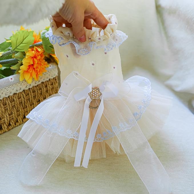 Fashion Sweet Puppy Dog Blingbling Princess Skirt Pet Dog Lace Cake Camisole Tutu Dress F-Champagne L
