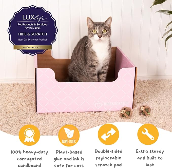 Hide & Scratch Cardboard Cat Scratcher Box & Bed - Light Pink Diamond | Double-Sided Corrugated Pad for Indoor Cats | Refillable Scratching Board Toy for Play & Furniture Protection