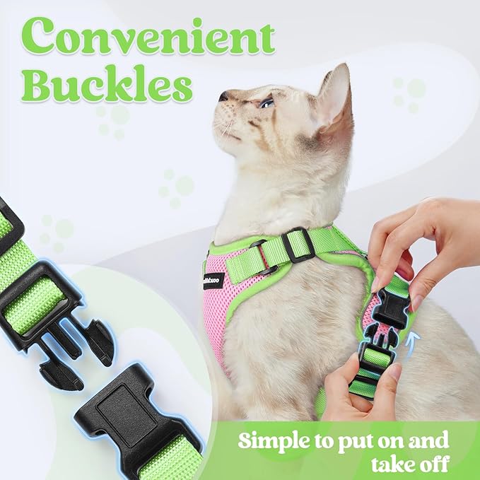 rabbitgoo Cat Harness and Leash Set, Escape Proof Soft Adjustable Vest Harnesses for Outdoor Walking, Easy Control Breathable Kitten Jacket with Reflective Strips, Pink & Light Green, S