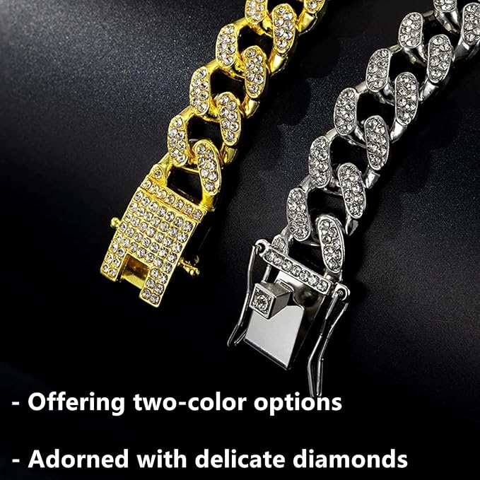 2 Pcs Diamond Cuban Link Kitten Walking Collar with Secure Buckle Pet Rhinestones Necklace Metal Chain Jewelry Accessories for Cats Dogs Kittens Puppies, Gold and Slivery (11inch)