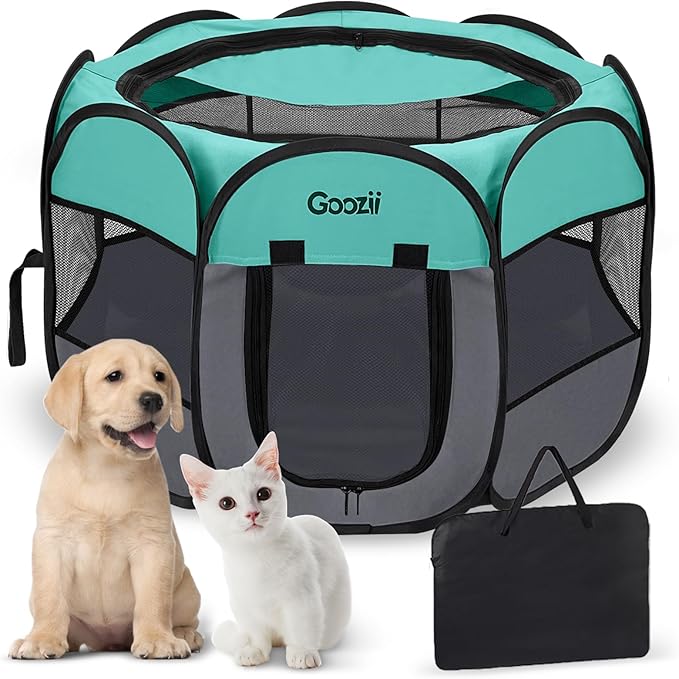 Pet Cat Playpen for Indoor Cats Enclosed, Puppy Dog Play Pen for Outdoor Travel Camping (Medium Size, Green & Dark Grey)