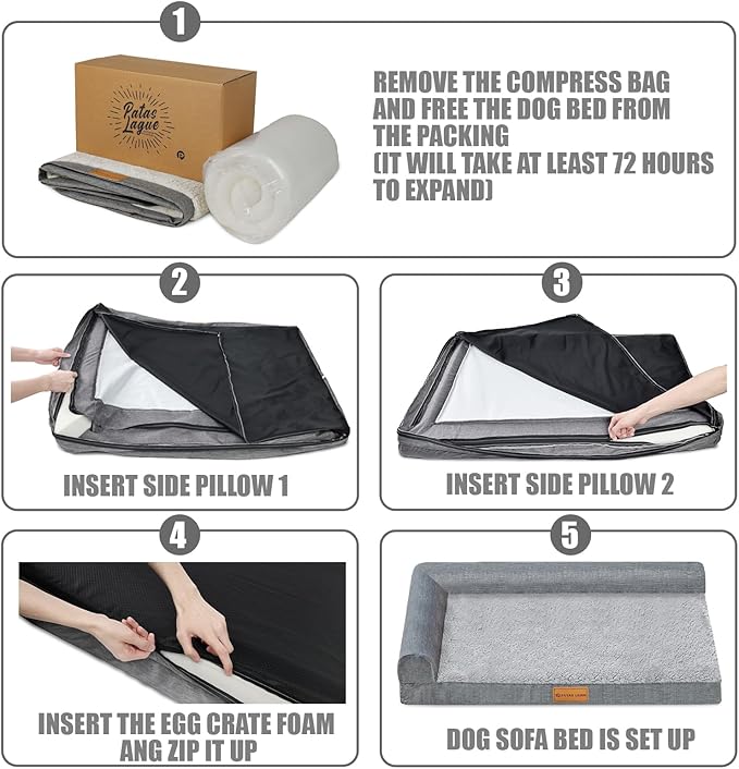 Patas Lague Orthopedic XL Dog Bed Large Sized Dog 48''X30'', Waterproof L Bolster Big Pet Sofa Beds with Removable Washable Cover, Soft Comfortable Pet Couch Crate Mat with Nonskid Bottom, Black